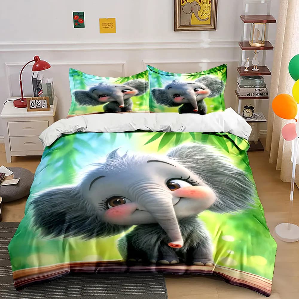 Cute baby elephant in forest Print Bedding Set 1 Duvet Cover 2 Pillowcases for Adult and Children Luxury Gift Full Size