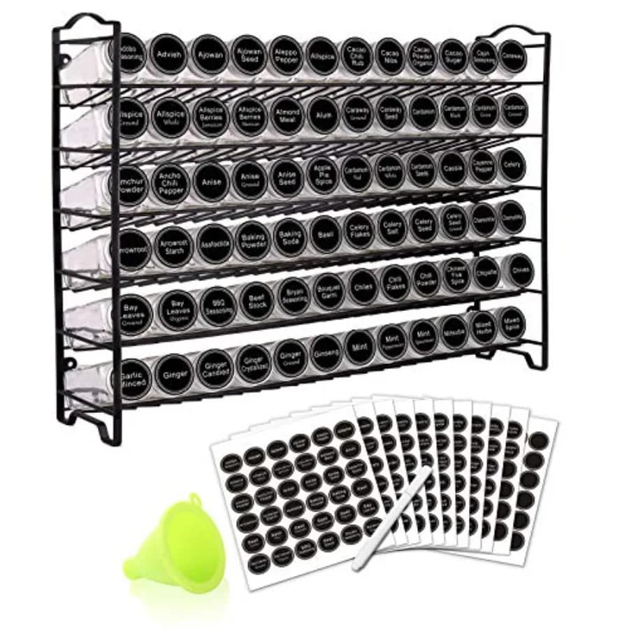 Organizzatore per Spezie con 72 Barattoli Quadrati Vuoti, 340 Etichette per Spezie con Pennarello e Imbuto, Set Completo per Piano di Lavoro
