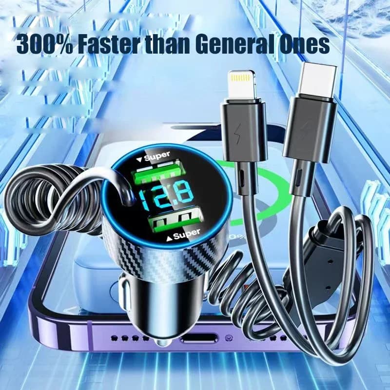 UYUXIO Adattatore per caricabatteria per telefono da auto USB C 4 in 1 Super veloce in auto con display di tensione a LED Cavo da 3,3 piedi per iPhone 16 15 14 Samsung