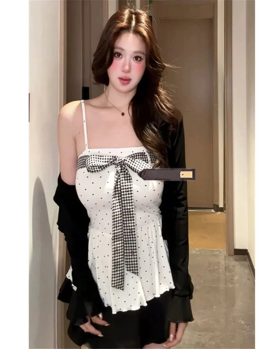 Korean Style Summer Checkered Knot Inner Wear Women's Sweet And Spicy Black Sunscreen Open Cardigan Two-Piece Set