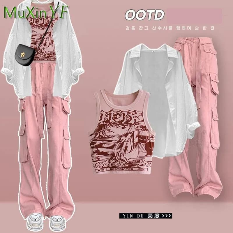 Women's Summer New in coordinated set 2025 Chic loose sunscreen shirt + printed strap + trousers Korean elegant casual dress in three pieces