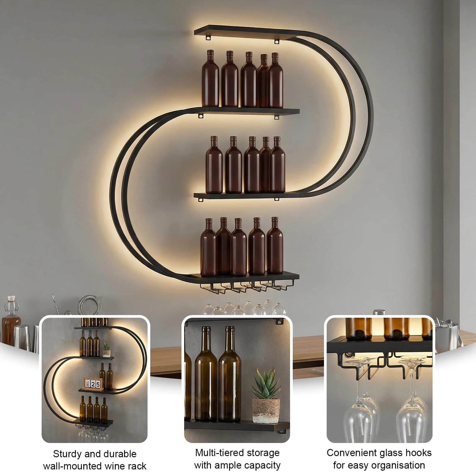 Espositore per Bottiglie di Vino a 4 Livelli con Luce LED, Portabottiglie in Metallo con Portabicchieri per Cucina, Soggiorno, Casa