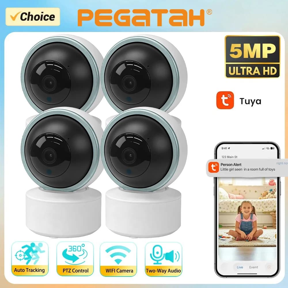 Telecamera Wi-Fi PEGATAH 5MP per Monitoraggio Bambini, Videocamera di Sicurezza Domestica 2K HD con Rilevamento Movimento e Audio Bidirezionale, Visione Chiara Giorno e Notte