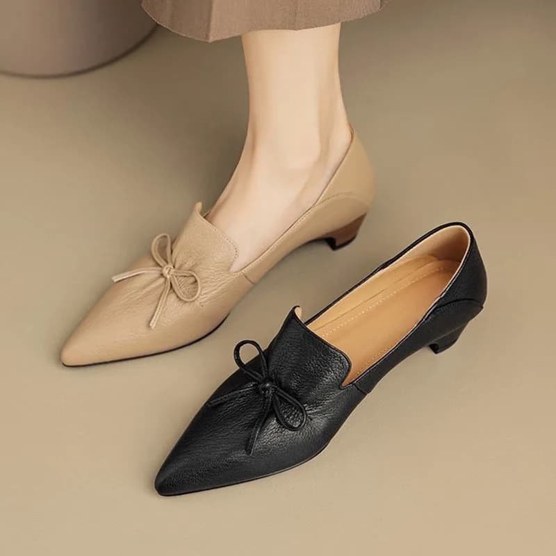 Women's Heels Pointed Pumps Pleated Leather Bowknot Kitten Heels Solid Color Slip-ons Office Lady Work Heels Elegant Dress Shoes
