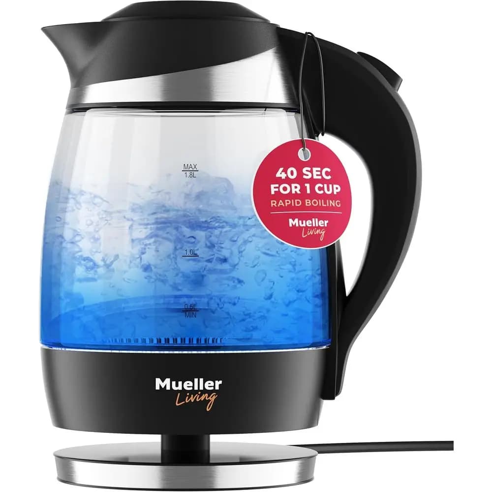 Electric kettle for hot water, 1500W SpeedBoil, 1.8L wireless, LED light, borosilicate glass, without BPA
