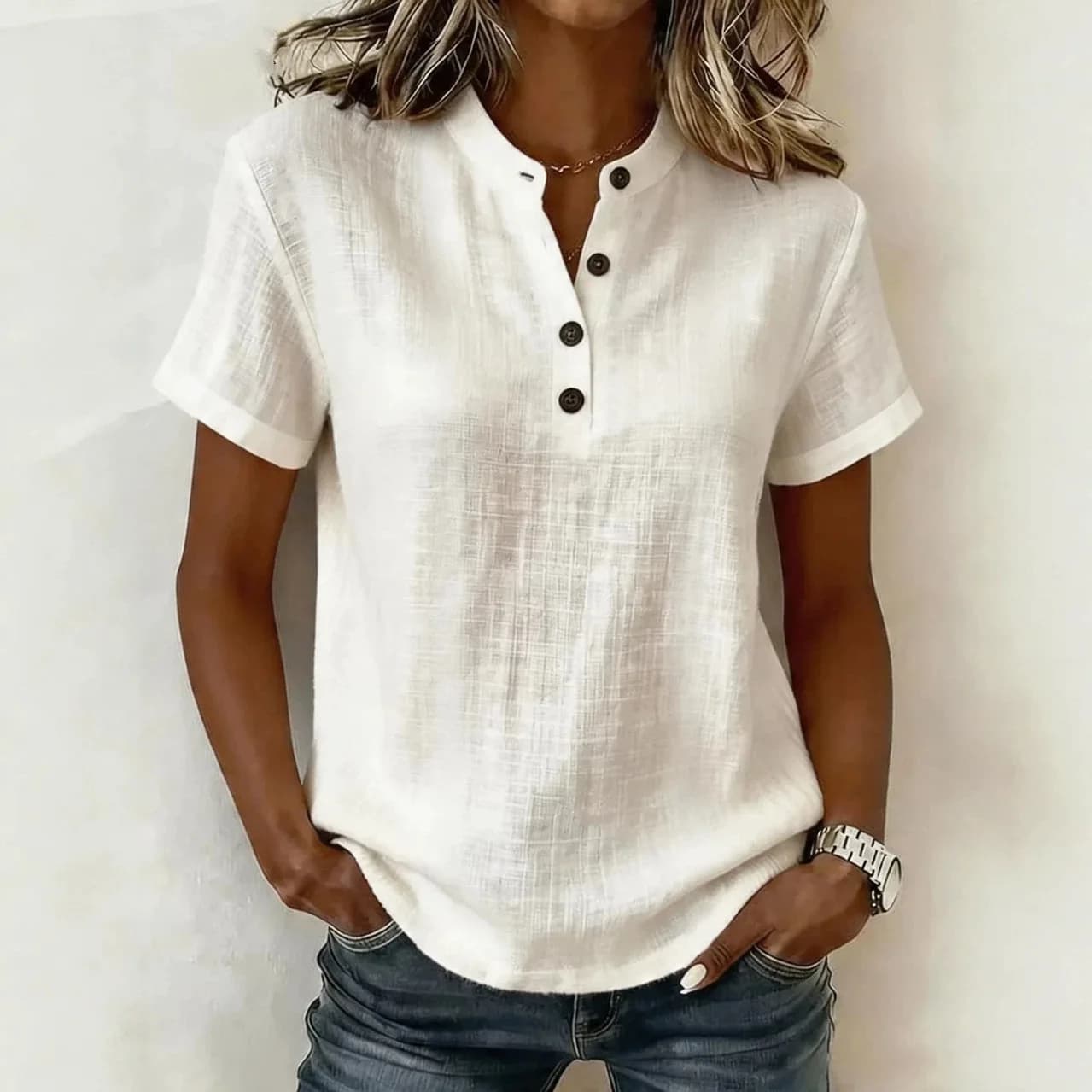 Women Short Sleeve Linen Blend Henley Top Button Front Casual Summer Blouse Loose Fit