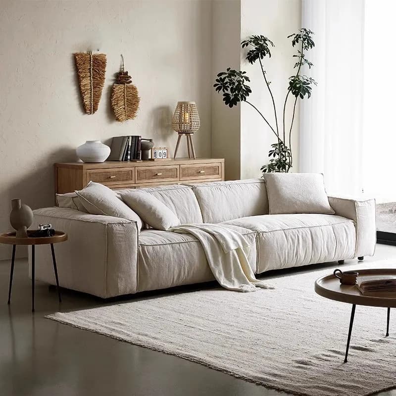 Wabi Sansan cotton and linen fabric sofa tofu block removable and washable living room small apartment three-person straight row
