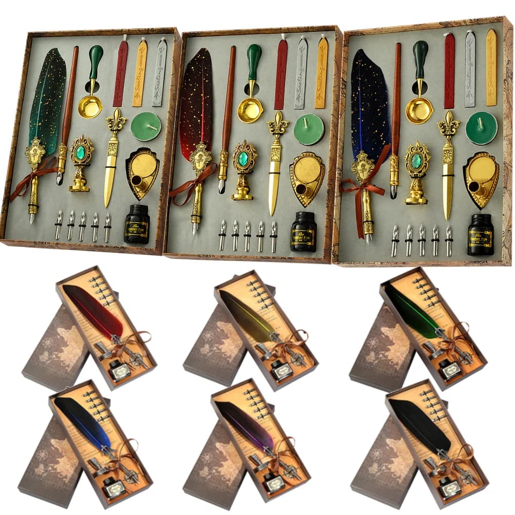 Retro Calligraphy Pen Wax Kit Stationery Exquisite Feather Dip Fountain Pen Sets Art Supplies Crafts Gifts for Home Office Tools