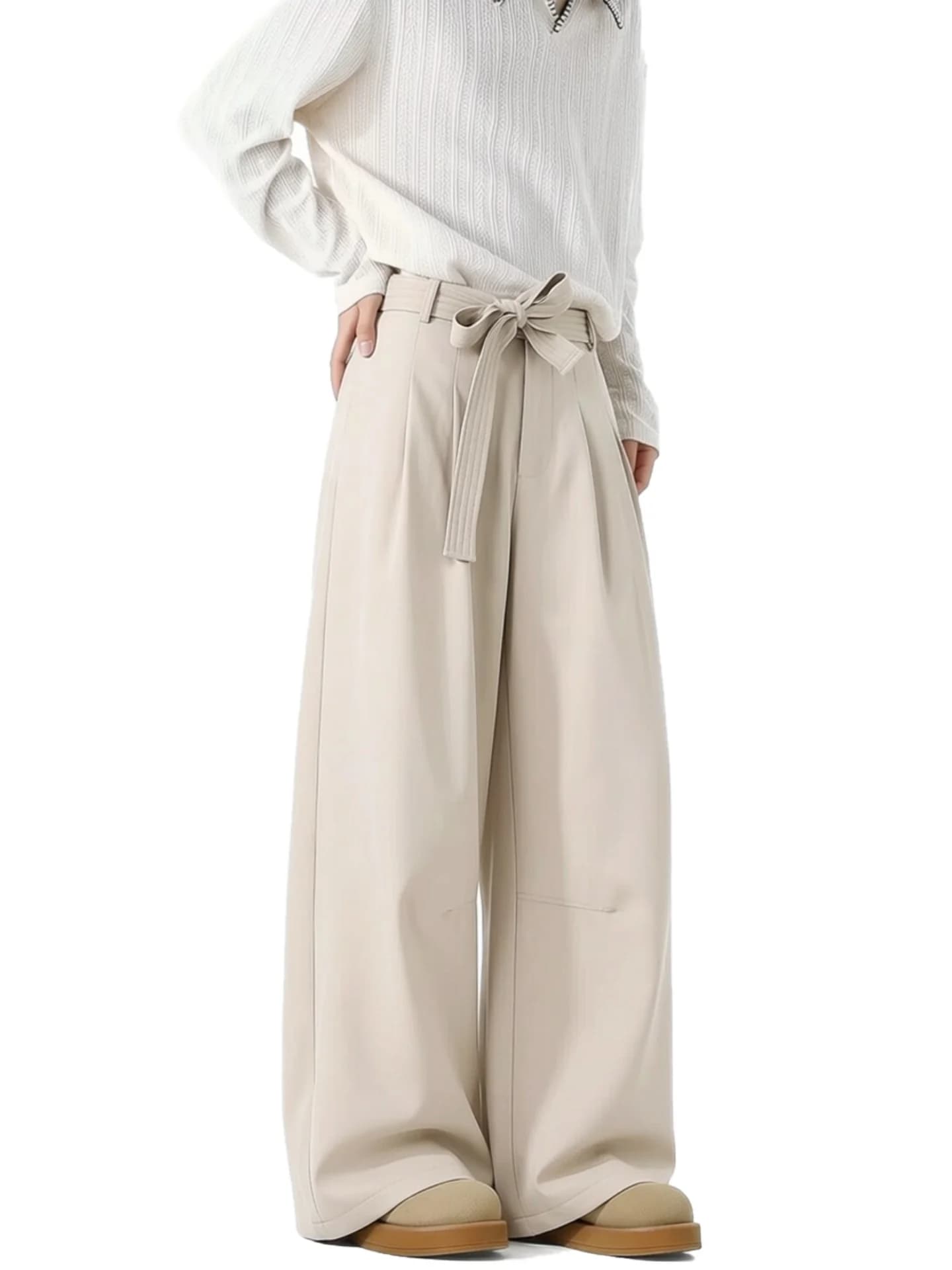 Khaki Belted Casual Pants Men's Retro Draped Shape Youth High Waist Wide Leg Suit Pants Straight Cut Loose Fit Summer Casual