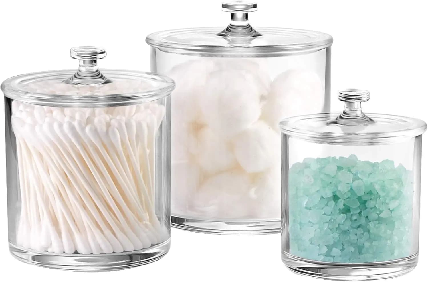 Set di 3 Barattoli in Acrilico Trasparente con Coperchi, Porta Cotone e Bastoncini, Contenitori per Bagno con Etichette