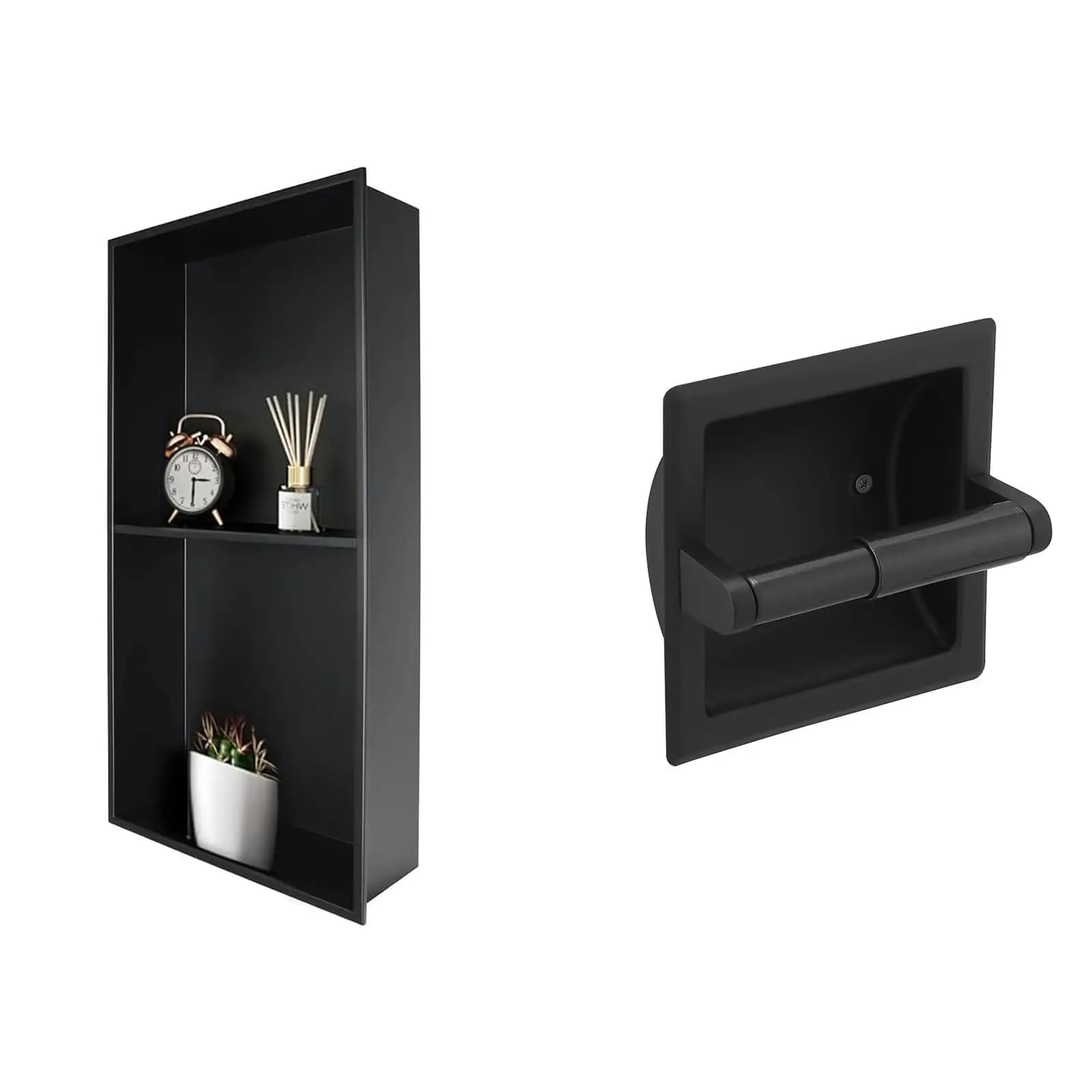 Black Stainless Steel Bathroom Wall Niche With Tower Shelf And Toilet Paper Holder