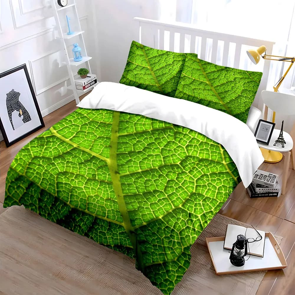 Set di biancheria da letto con motivo a foglie verdi, morbido e delicato sulla pelle, include 1 copripiumino e 2 federe, idea regalo
