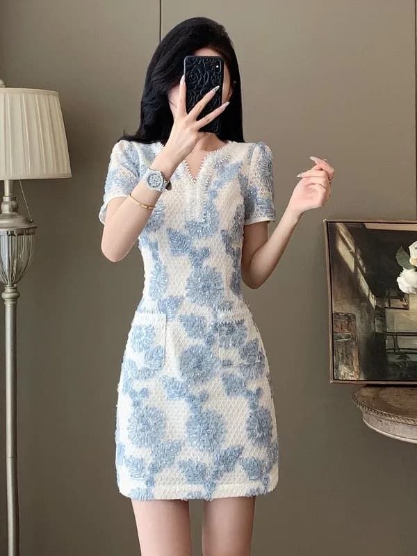 Elegant Summer New Style Women's Dress Retro Short Sleeve Waist Cinched Midi Skirt Fragrance Style Polyester Fiber V-Neck Zip...
