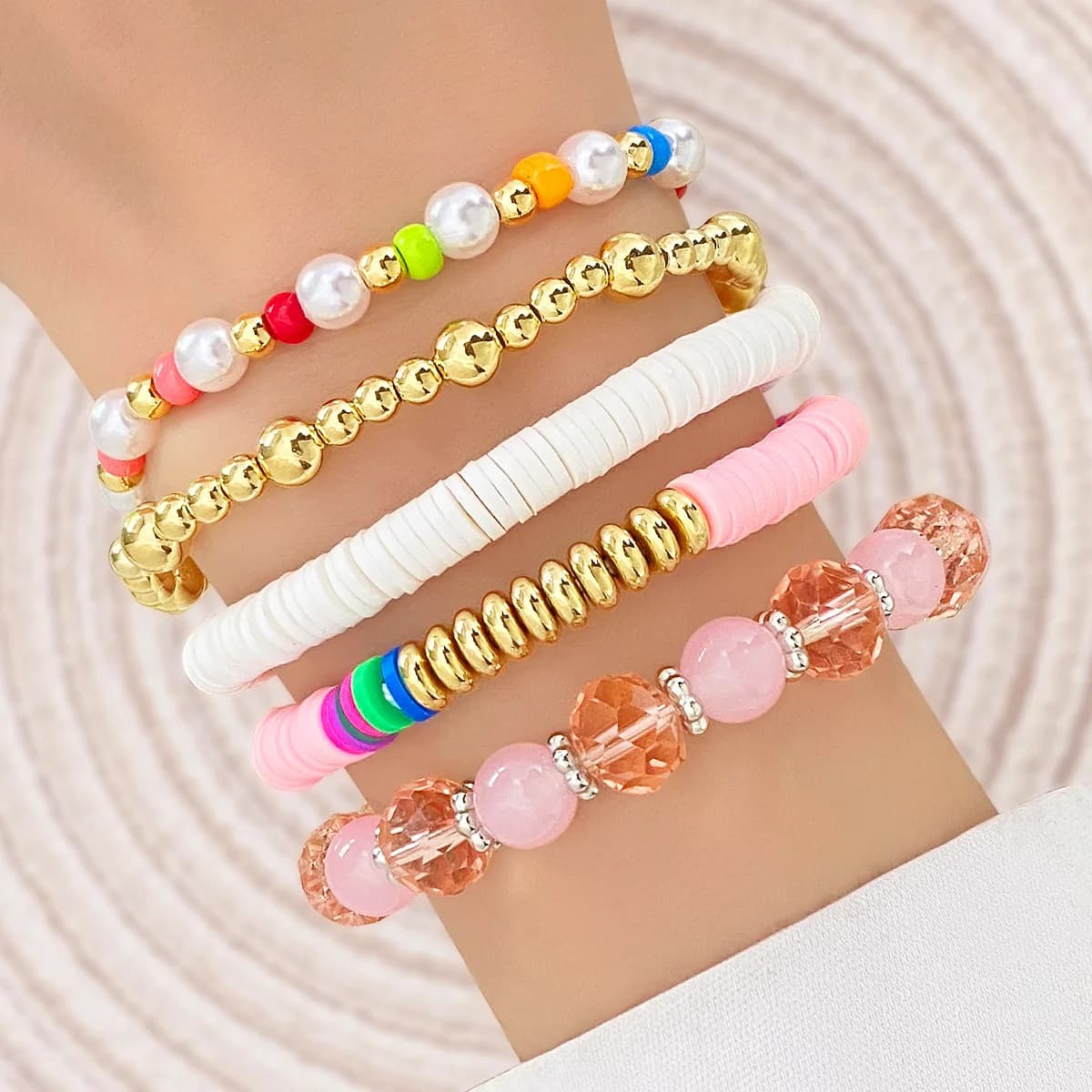 5Pcs Pastel Multicolor Heishi Clay Bead Stackable Bracelet Set for Women Girls, Gold Round Bead Faux Pink Crystal Pearl Stretch Wristband, Preppy Y2K Summer Jewelry Gift for Birthday Beach Daily