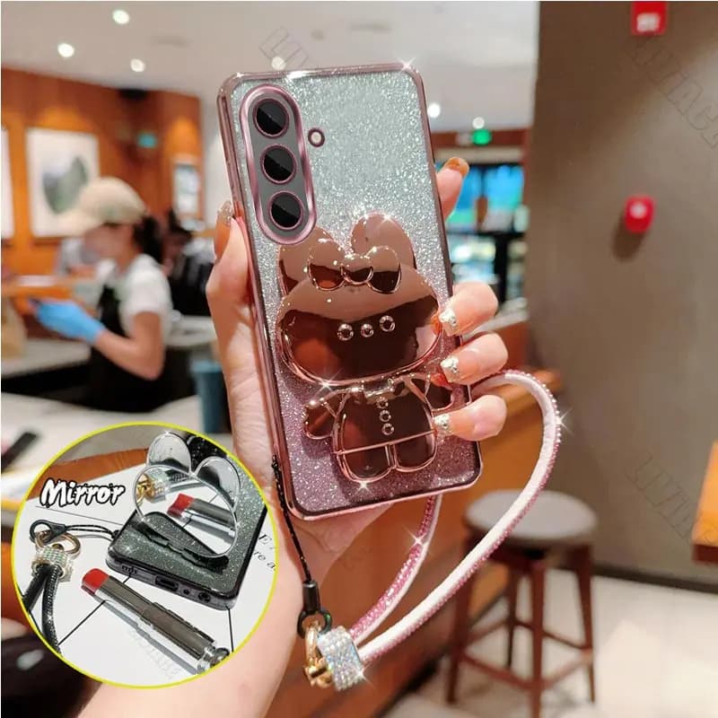 S 24 cinturino con diamanti glitter specchio custodia per coniglio per Samsung Galaxy S24 S22 S23 S21 S20 S8 S9 S10 Plus FE Ultra Stand Cover