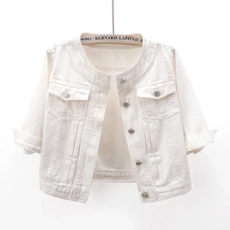 Giacca estiva in denim con maniche a tre quarti e tasca sottile con scollo a O, capispalla da cowboy da donna, giacca di jeans corta sottile rosa rossa bianca da donna