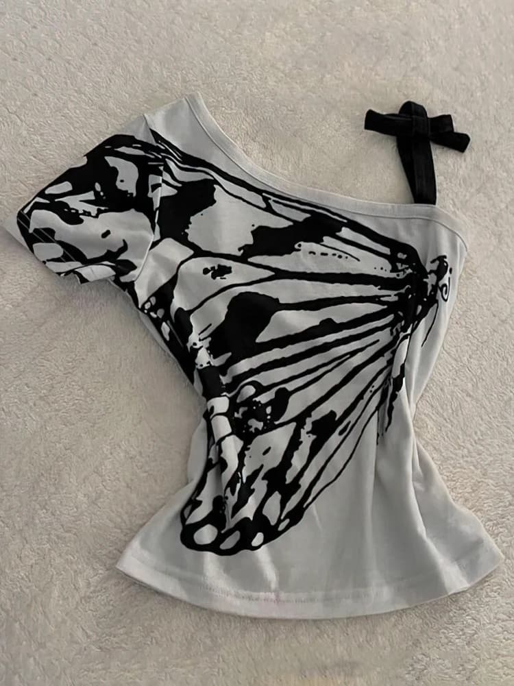 T-shirt estiva con spalle scoperte a farfalla T-shirt da donna coreana Harajuku Estetica Stampa manica corta Body Top T-shirt da donna in cotone legato con fiocco