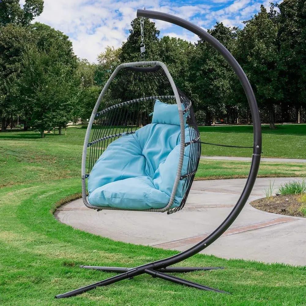 UV-Resistant Outdoor Wicker Hanging Egg Chair with Deep Seat Cushion for Patio Relaxation (Aqua)