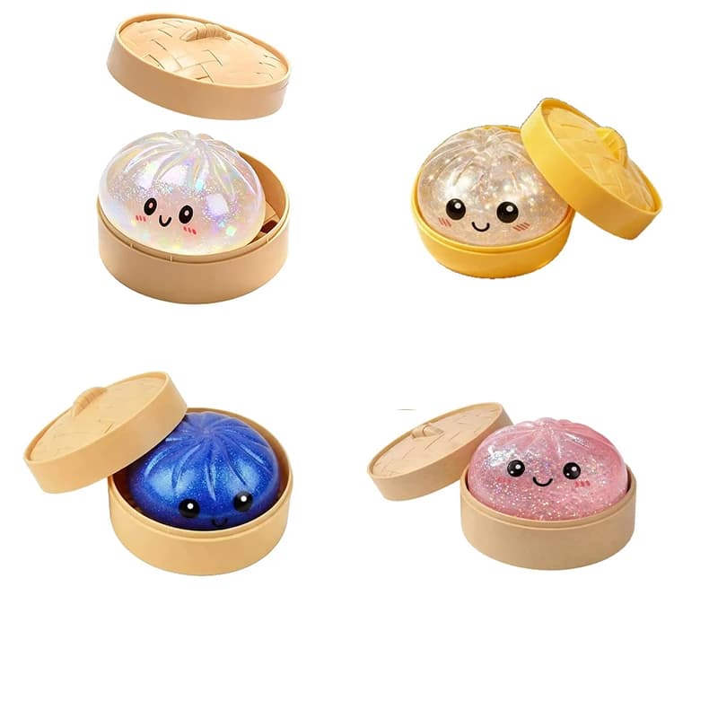 Giant Realistic Dumpling Squeeze Toy with Bamboo Steamer Soft TPR Dough Ball Stress Relief Fidget Toy Sim Food Squishy Vent Toy