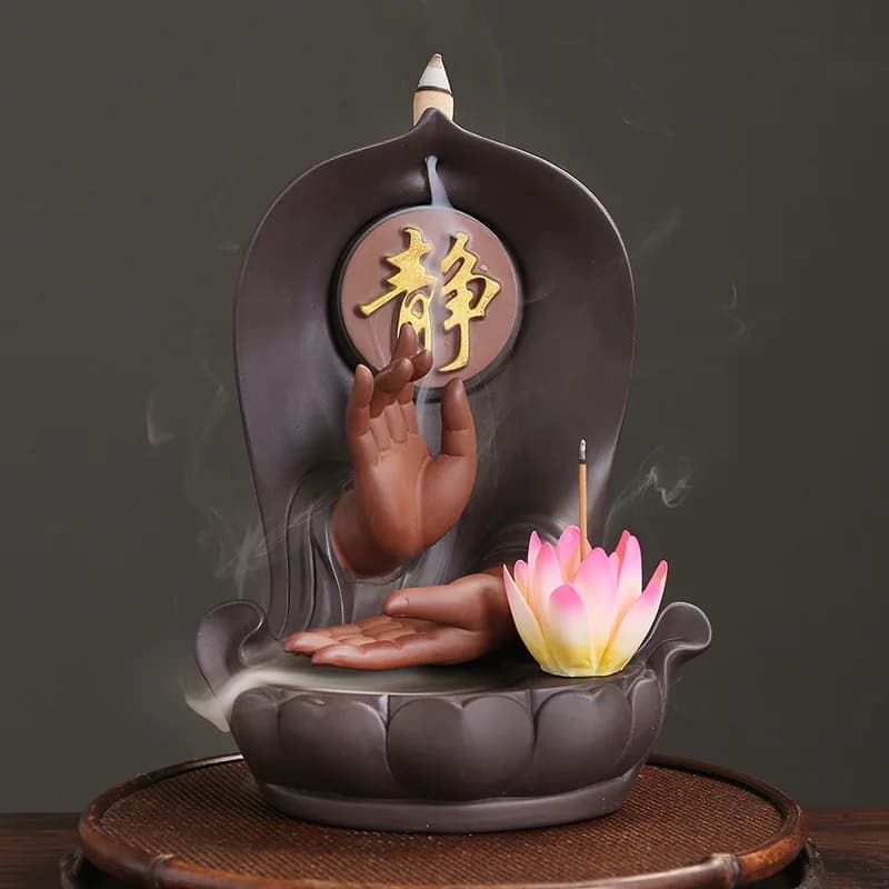 Zen Incense Ceramic Buddha Hand Home Ornaments Waterfall Backflow Stick Holder Purple Clay Censer