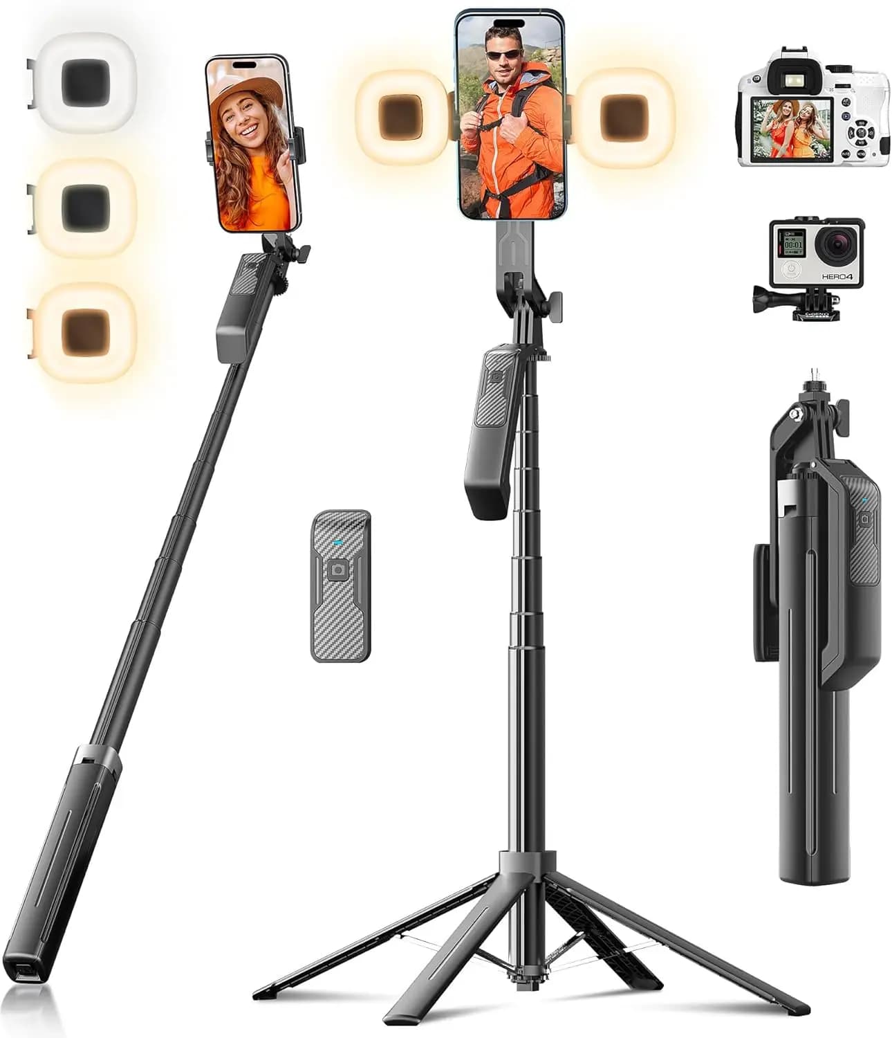 Asta per Selfie e Treppiede per Telefono - Supporto per Cellulare Alto 180 cm con Telecomando Wireless Staccabile e 2 Luci LED per Registrazioni