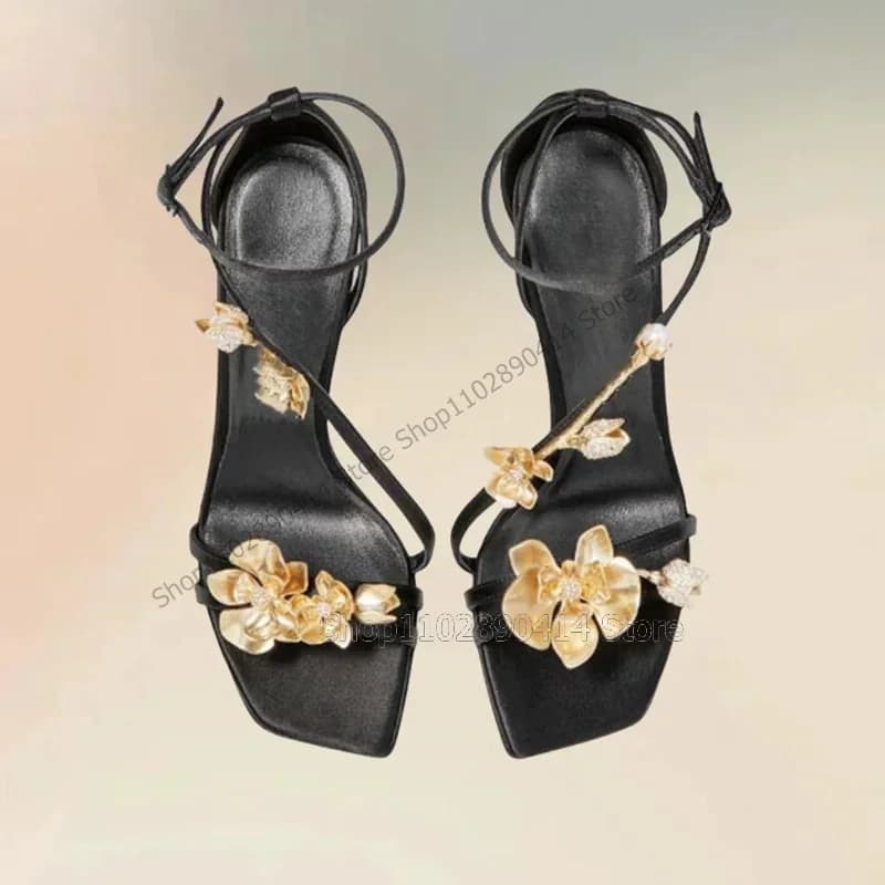 Sandali Neri con Design Floreale Dorato, Punta Aperta, Cinturino alla Caviglia, Scarpe da Donna con Tacco Alto Sottile per Feste e Banchetti 2024