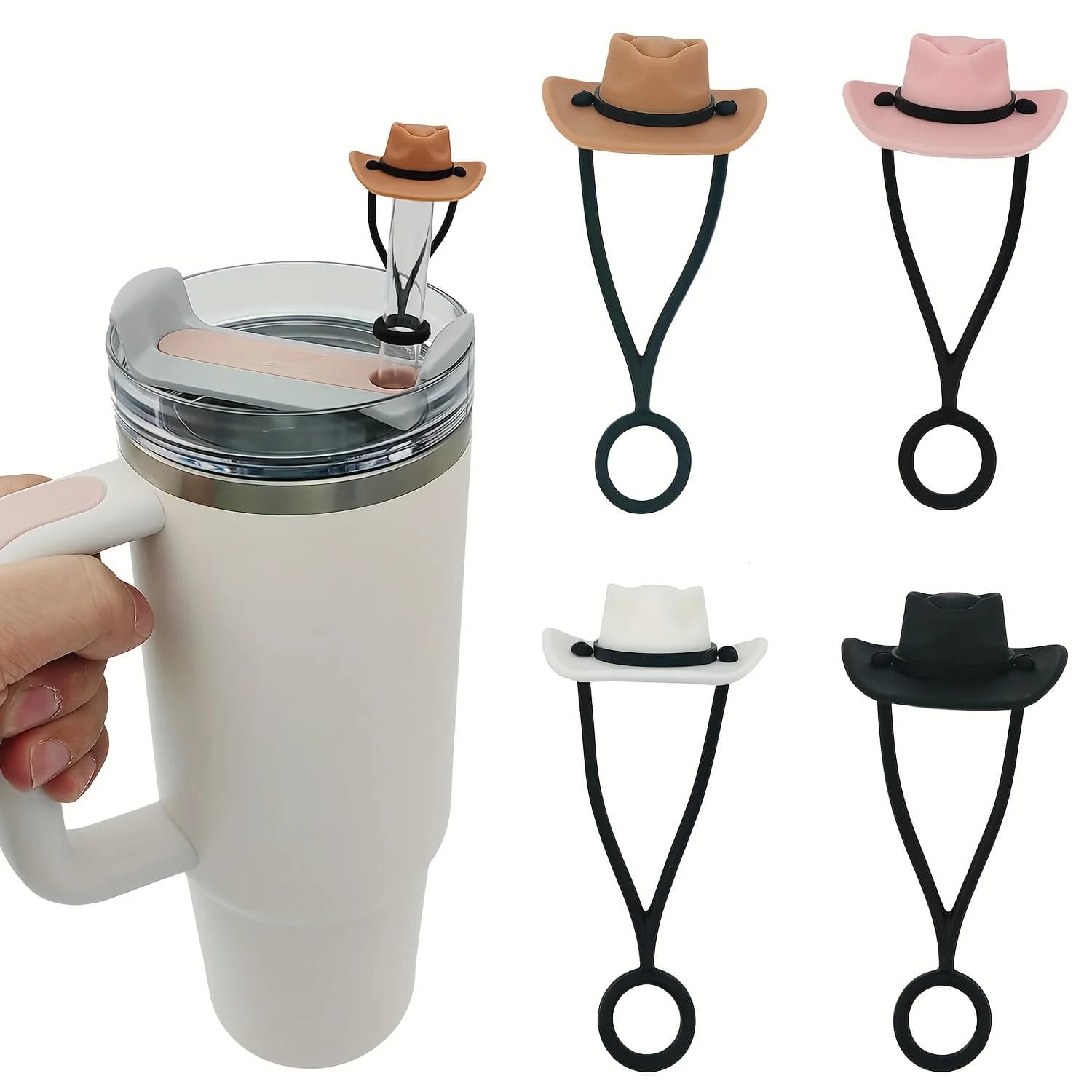 Cappello da cowboy in silicone Copri paglia Tappi compatibili con Stanleys Cup 30 40 Oz Tumbler Simpatico tappo protettivo Tazza Decorazione con punta di paglia