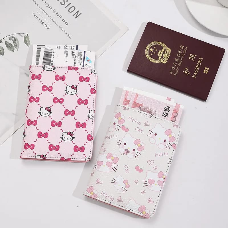 Hello Kitty Women Passport Cover PU Leather Multifunction Credit Card Purse Passport Holder Plane Ticket Organizer Case Pink