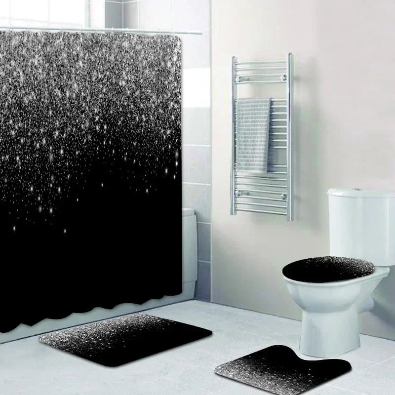 Elegant Black Silver Falling Glitter Confetti Blow Up Powder Bathroom Tent Shower Curtain Set Bright Grey Bathroom Mats Decor