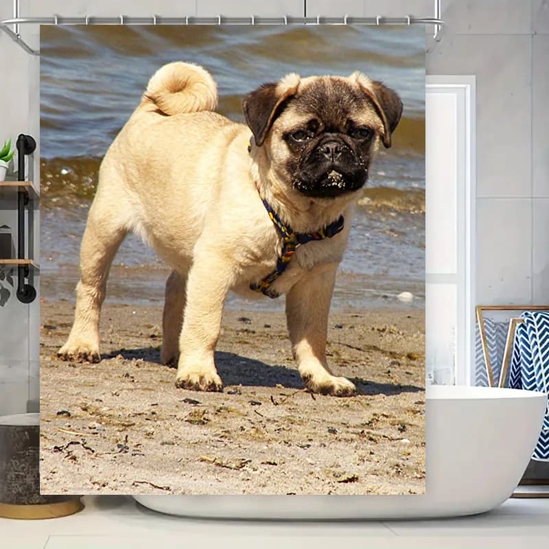 Adorabile tenda da doccia con stampa di cani carlino per l'arredamento del bagno, tessuto impermeabile con anelli a gancio, varie dimensioni disponibili