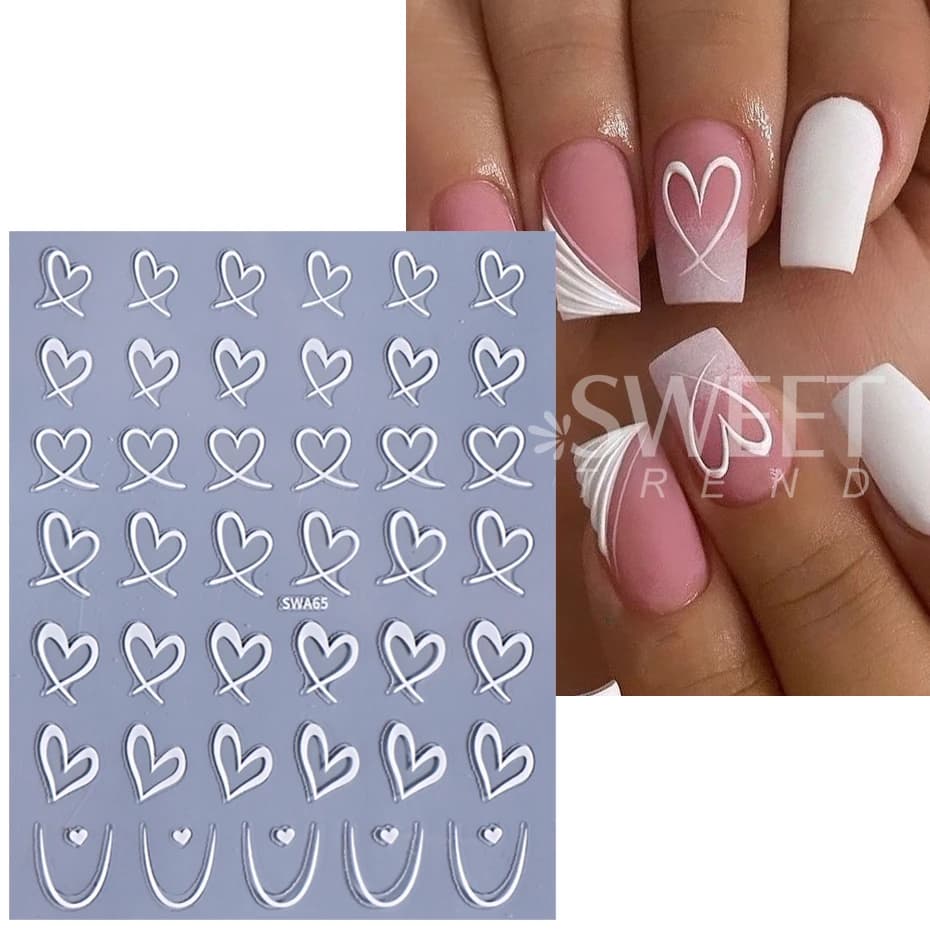 Set di 3 Adesivi per Unghie 3D per San Valentino, Linee Nere, Bianche e Rosa, Cuori, Decorazioni per Manicure Fai-da-Te