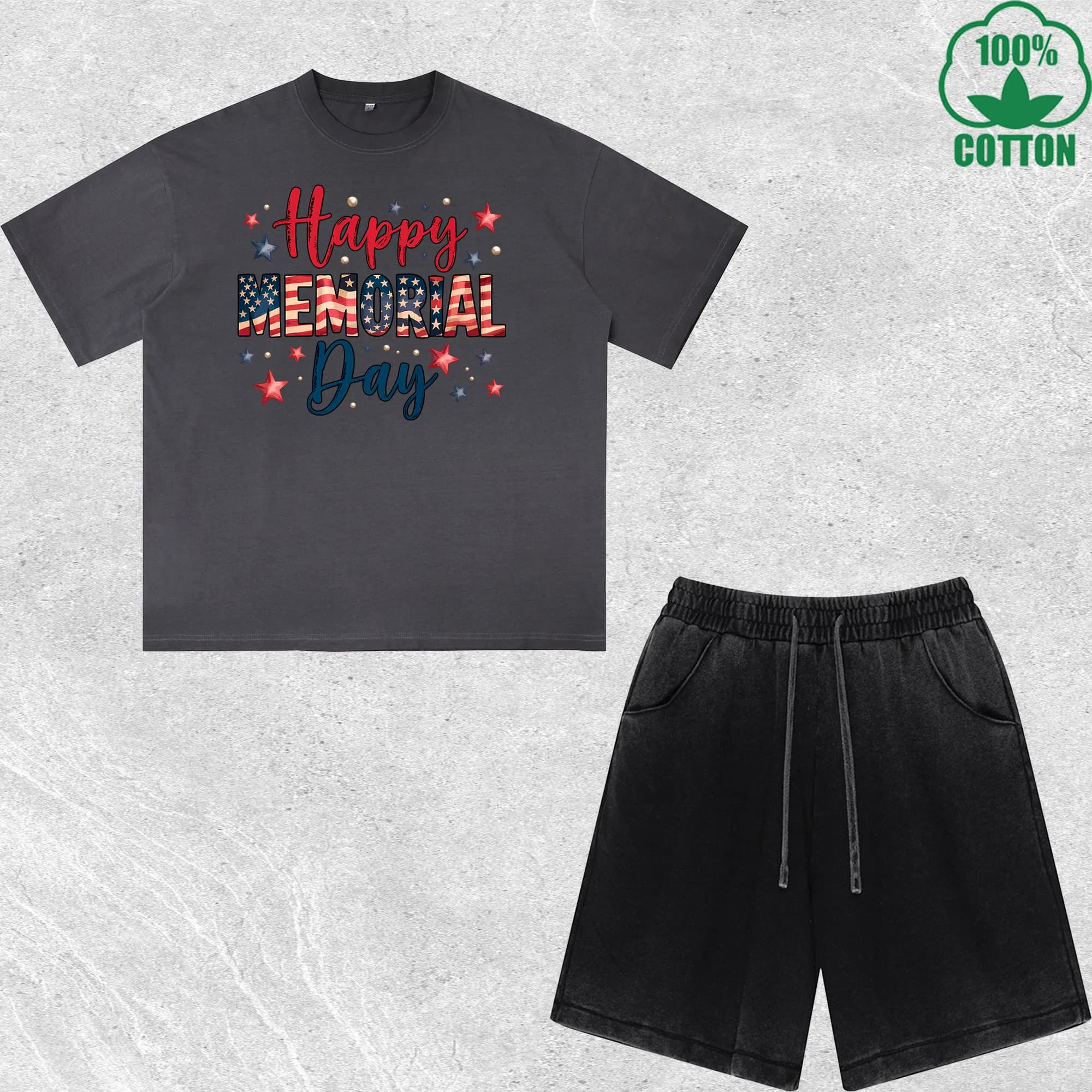 Set T-Shirt e Pantaloncini Stampati per il Memorial Day, Effetto Lavato, Multicolore, Stile Trendy e Comodo, 100% Cotone