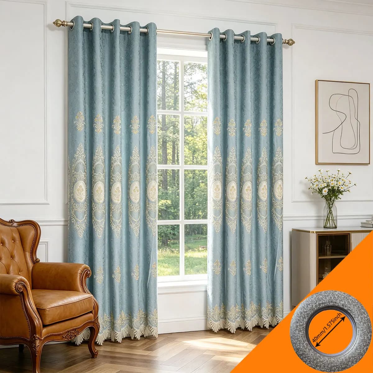 Tende in ciniglia azzurra, jacquard con applicazioni in velluto e ricami a cordoncino, tende termoisolanti con occhielli per soggiorno B