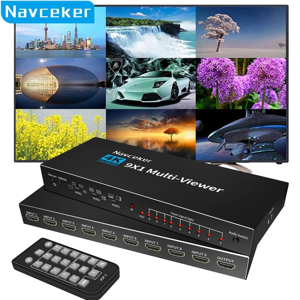 Navceker HDMI-compatible Multiviewer 4K 9 In 1 Out 1080P Quad Screen Multi Viewer HDMI Multi-Viewer seamless switch with IR