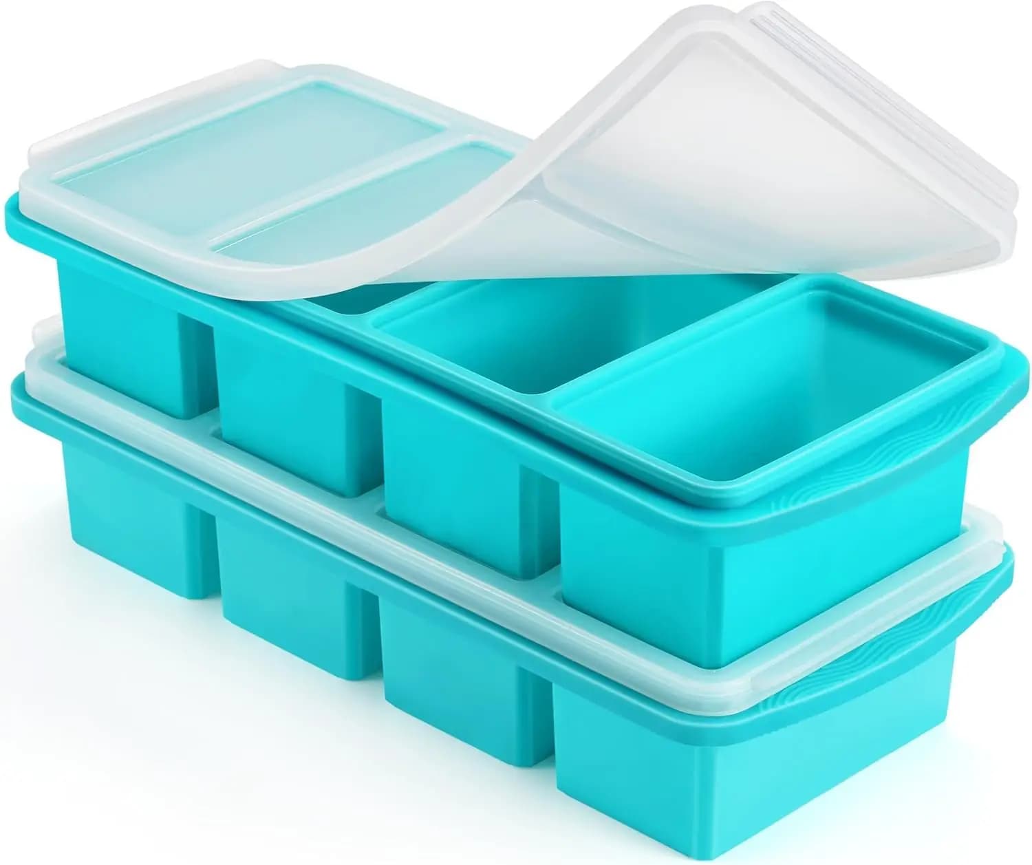 Vassoio in silicone da 1 tazza con coperchio - Grandi stampi per cubetti di ghiaccio per zuppe, salse, preparazione dei pasti - Aqua, confezione da 2