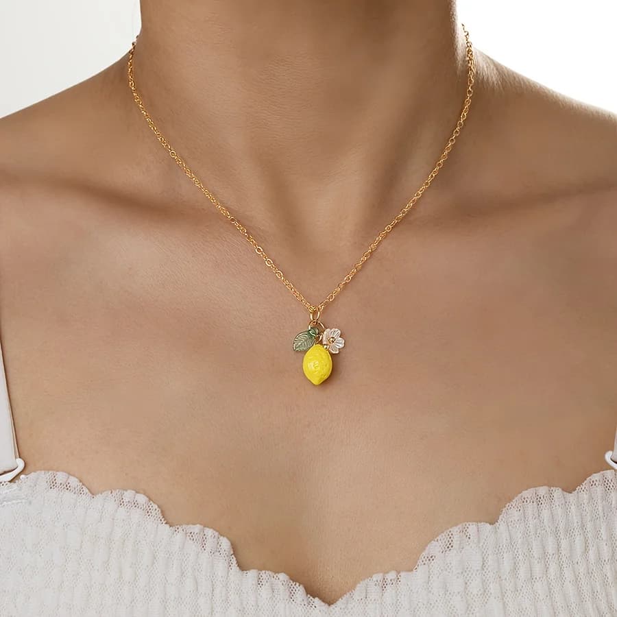 1pc Sweet and Cute Women's Summer Necklace, Simple Lemon Flower Fruit Pendant Chain, Suitable for Daily Wear, Parties, and Vacat