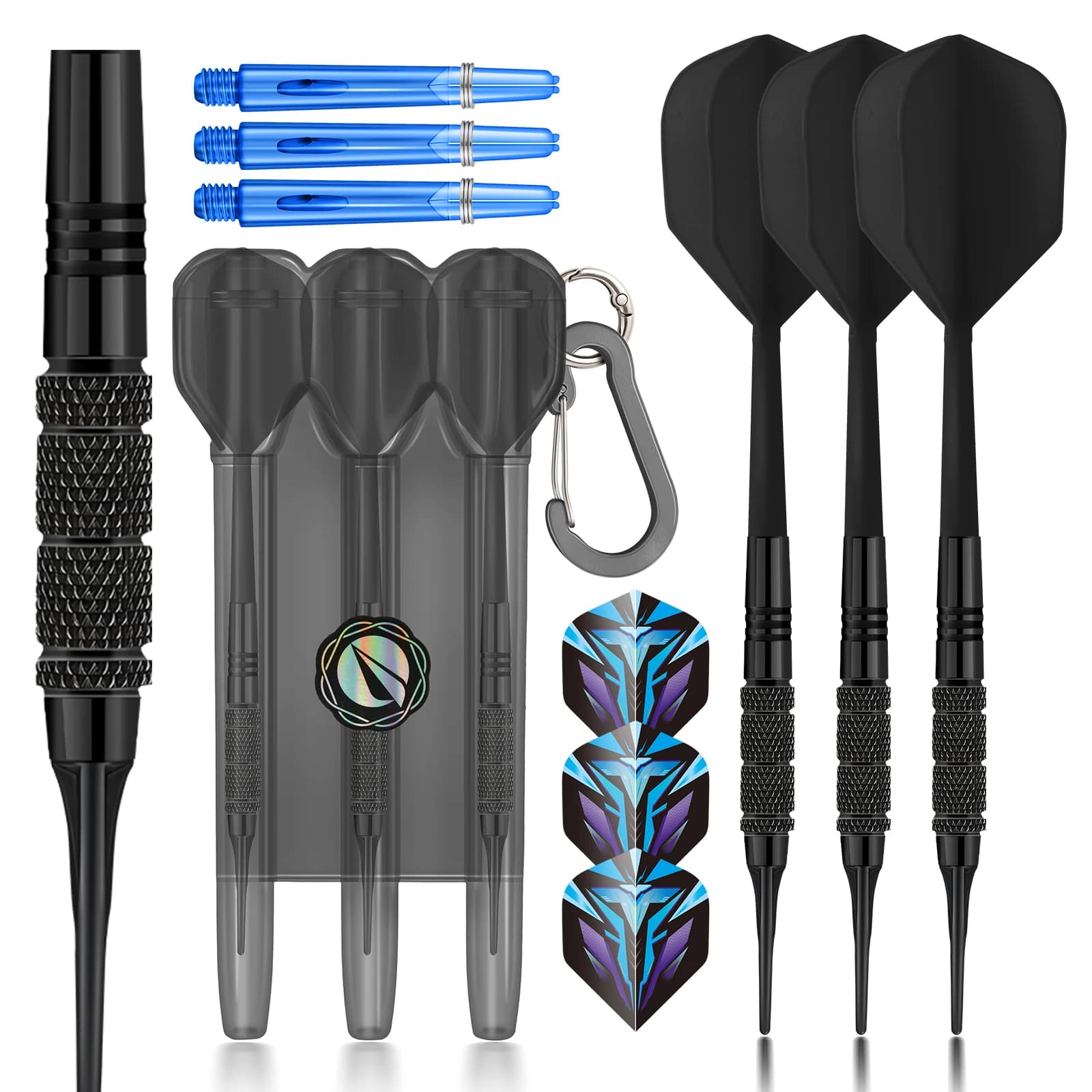 Huanqu 3-Piece Professional Soft Dart Set, Dedicated for Electronic Dart Boards, Non-Slip Iron Dart Shafts, Integrated Dart Wing Design, Includes 20 2Ba Spare Soft Dart Tips + 3 Transparent Blue Dart Shafts + 3 Pet Dart Wings, Suitable for Adult Family Entertainment, Bar Parties, Christmas and Halloween Gifts