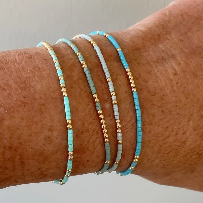 4 PCS Turquoise Color Seedbeads Stretch Bracelet Set Bohemia Style Gold Color Glassbeads Elastic Handmade Girls Vacation Jewelry