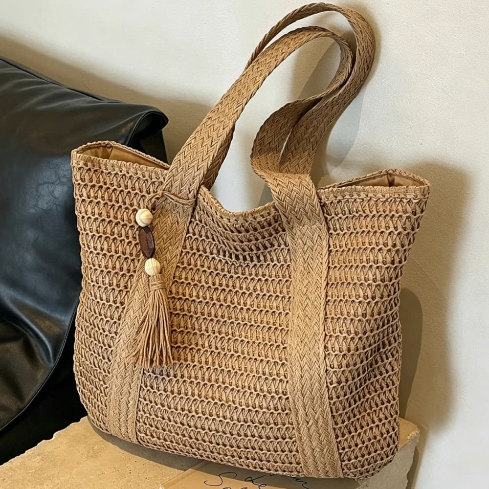 Handmade Straw Woven Shoulder Bag,Women Solid Color Large Capacity Fringe Tassel Handbag,Casual Bohemian Beach Vacation Tote Bag