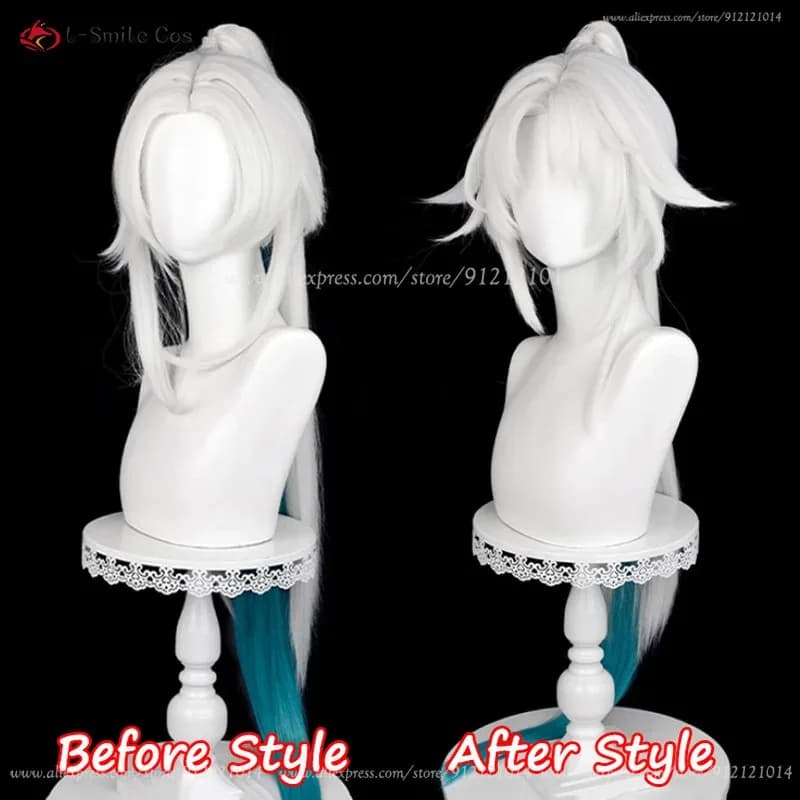 Feixiao Cosplay 105 cm Lungo Argento Bianco Sfumato Blu Verde Parrucche Anime Resistente Al Calore Capelli Sintetici Halloween + Protezione Della Parrucca
