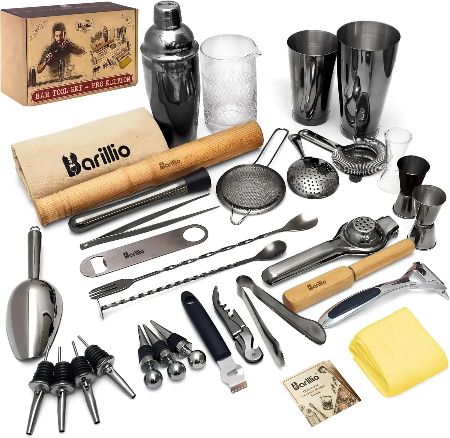 Set Shaker per Cocktail in Acciaio Inox Nero - Kit da Barman con Shaker Boston, Mixer per Bevande e Muddler per Cocktail