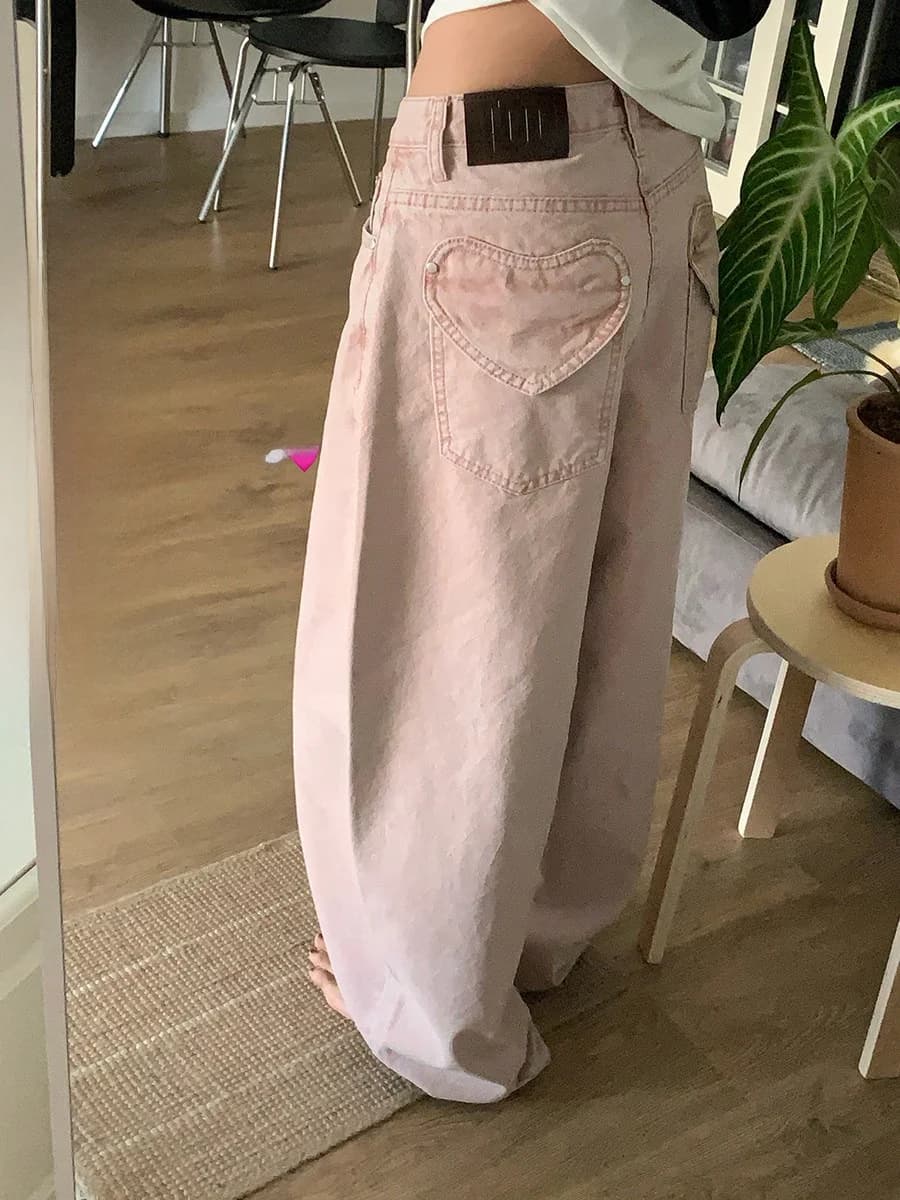 Jeans a Vita Alta e Gamba Larga con Tasca a Cuore, Pantaloni Casual Drappeggiati a Tutta Lunghezza, Versatili Jeans con Tasca a Cuore Sinbounboun