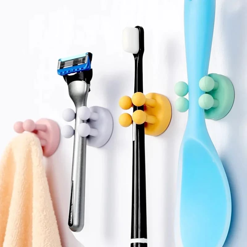 Multifunctional Silicone Bathroom Hooks, Razor/Toothbrush/Towel Holder, Wall - Mounted Organizer