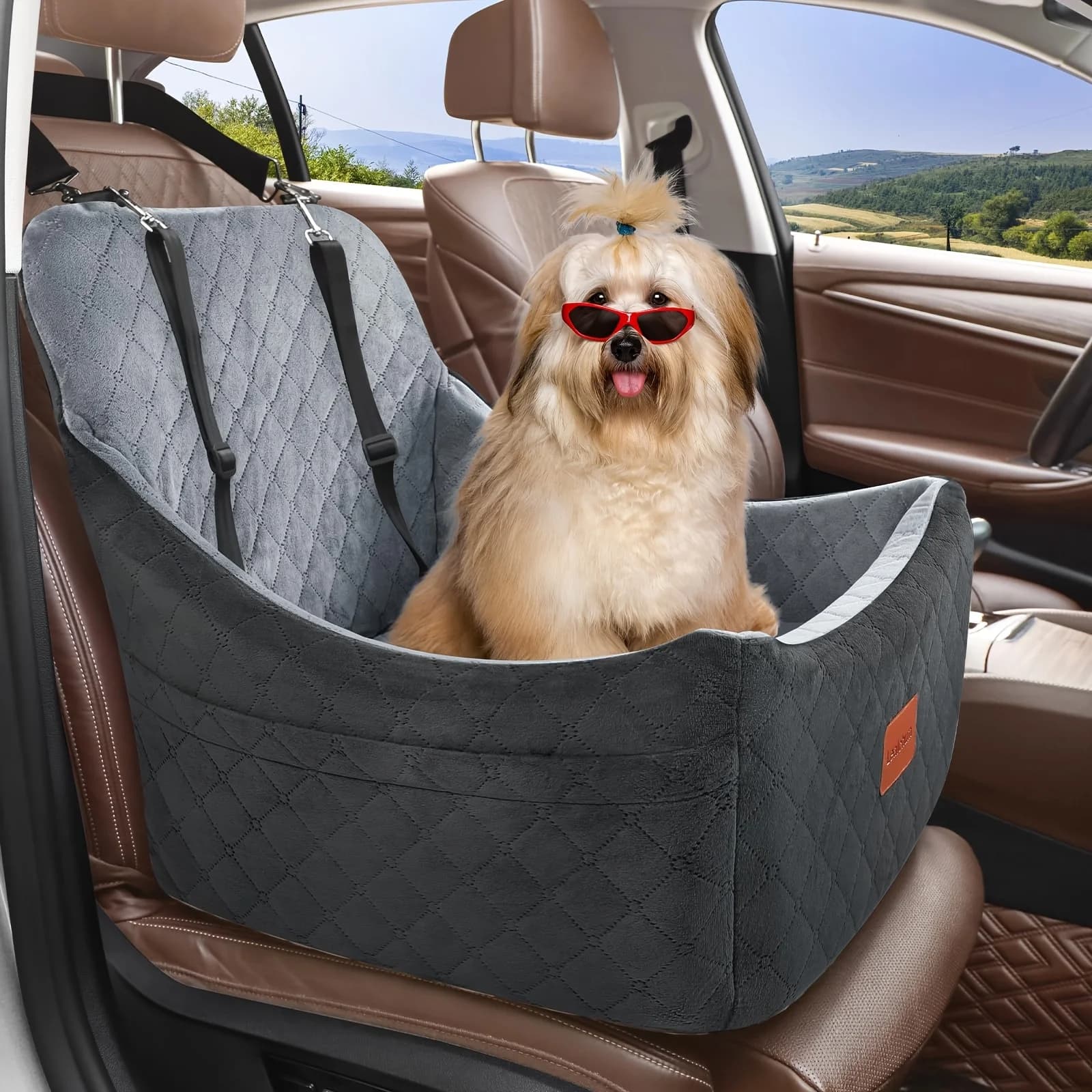 Seggiolino auto per cani fino a 35 libbre, facile da installare, completamente smontabile e lavabile, base antiscivolo, comodo seggiolino auto per cuccioli con 2 guinzagli a clip.