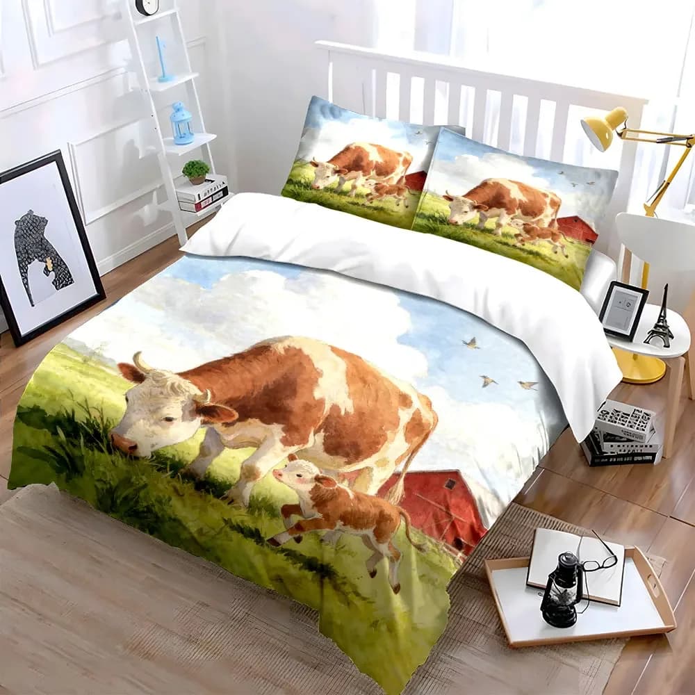 Set di decorazioni a tema mucca da fattoria, morbido e confortevole set di biancheria da letto con copripiumino, include 1 copripiumino e 2 federe, idea regalo