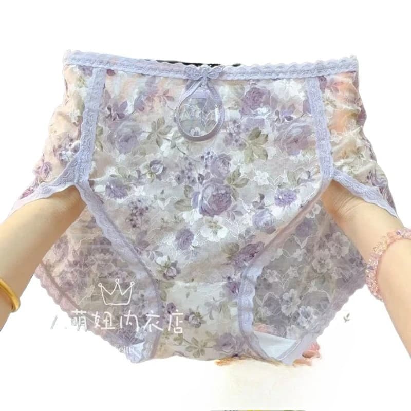 Sexy Floral Seamless Ice Silk Mid-waist Mesh Women's Underwear Lace Large Size Breathable Skin-friendly Briefs Quick-dry Panties
