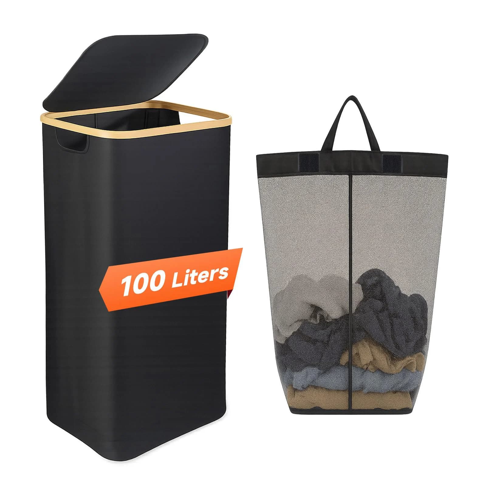 100L Foldable Washing Basket with Lid, Dirty Clothes Basket for Dormitory and Gym, Detachable Bag, Bamboo Storage Box