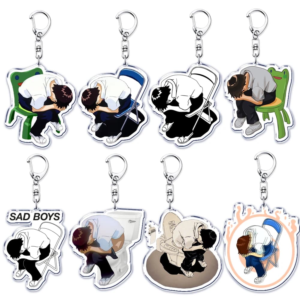 Hot Funny Sad Anime Boy in A Chair Meme Keychains Keyring for Accessories Bag Pendant Key Chain Ring Jewelry Friends Fans Gifts