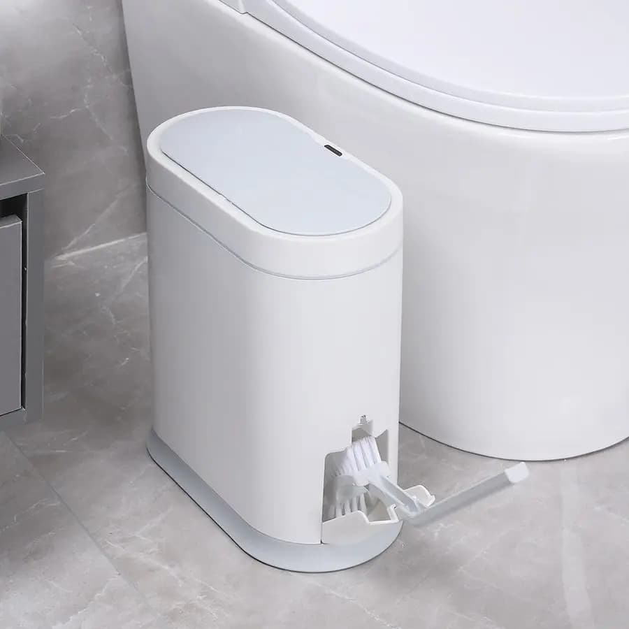 Cestino per rifiuti da bagno con spazzola per WC, contenitore impermeabile da 2,5 galloni, cestino intelligente con coperchio, sensore di movimento, cestino automatico per rifiuti
