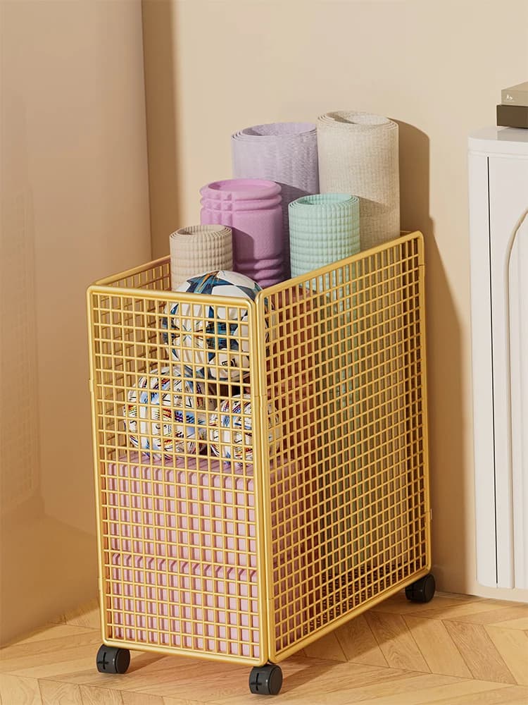 Modern yoga mat holder basket with wheels, home fitness equipment organizer, badminton equipment holders and gym